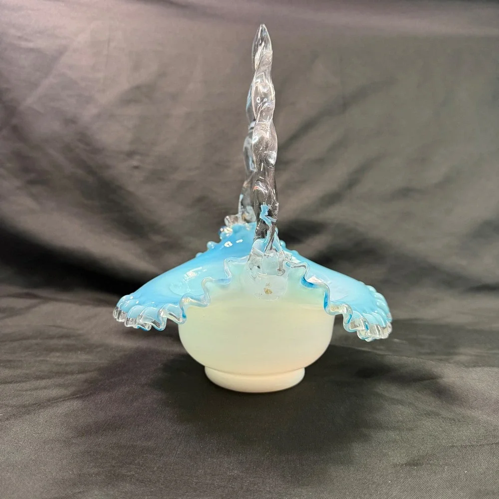 Vintage Fenton Glass Basket Blue Cased Overlay Silver Jamestown Ruffled Twisted